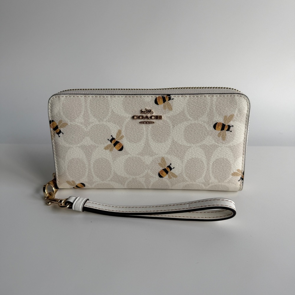 Coach Long Zip Around Wallet White Bee Print Signature Canvas C8675
